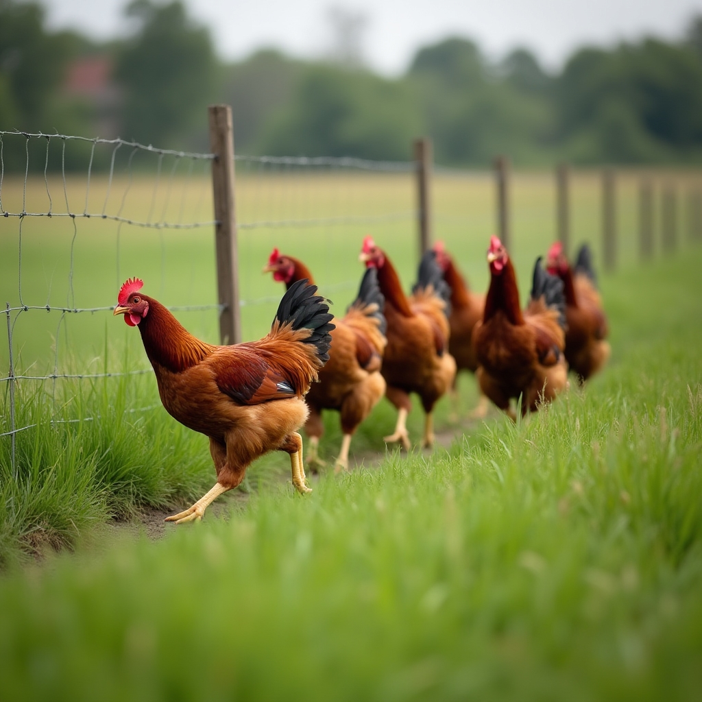 Grupo de gallinas de pastoreo caminando sobre pasto verde en un predio periurbano